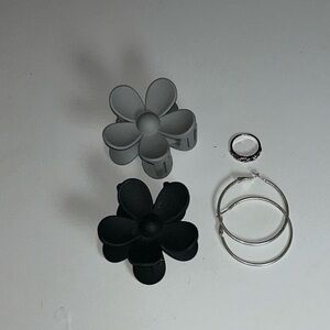 Black and Gray Flower Hair Clips with Silver Ring & hoop earrings